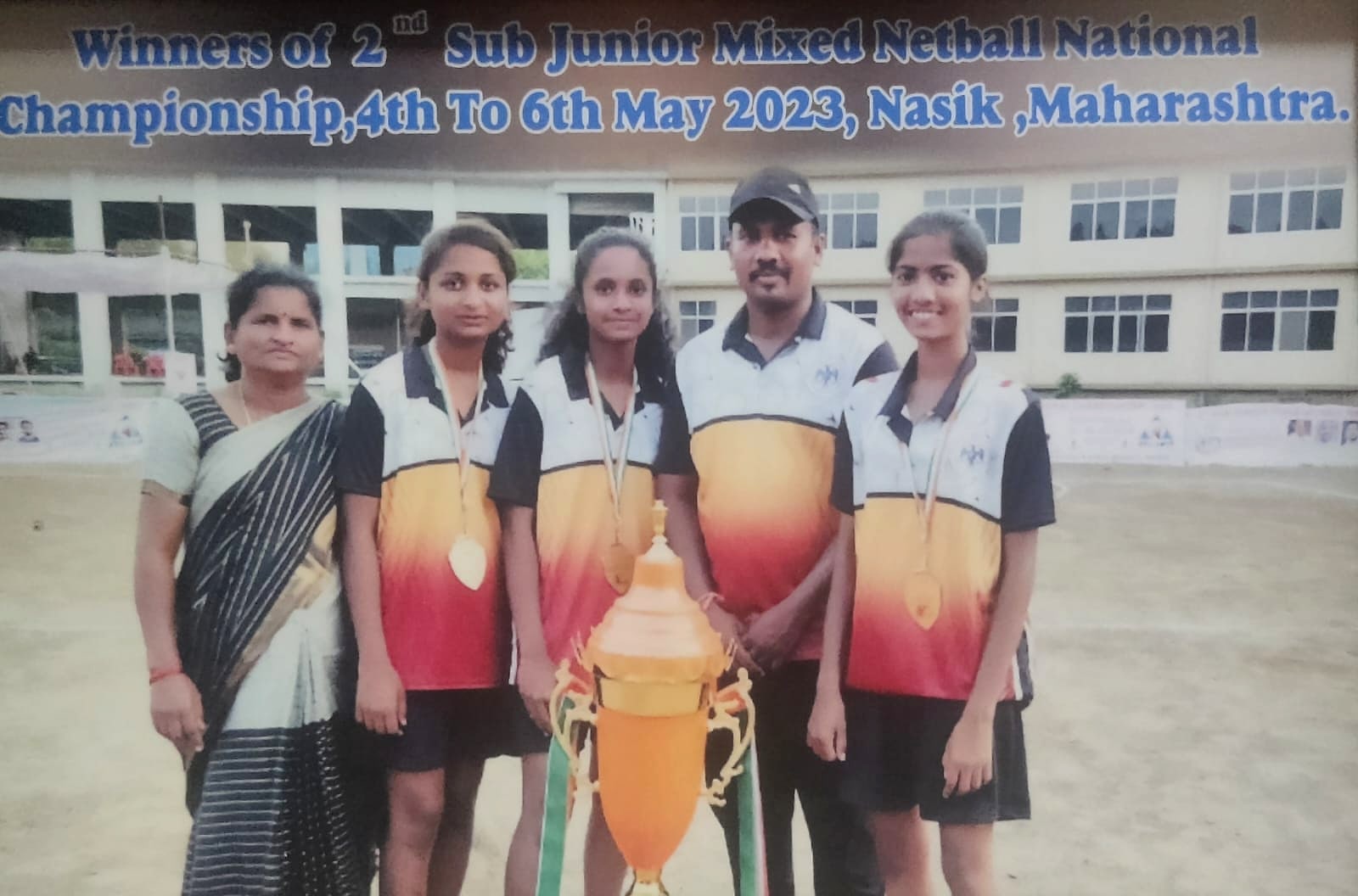 Manjushree girls holding the trophy at the 2nd Sub Junior Mixed Netball National Championship, Nasik, May 2023